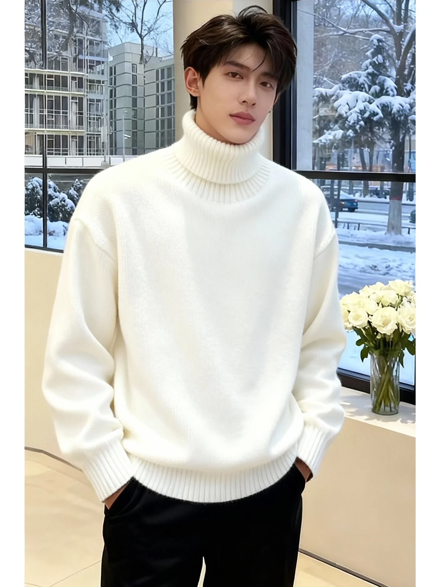 

White High Collar Fce Lined Knitwear for Men Winter Warm Casual Inner Wear Base Layer Sweater Comfortable Soft Knitted Top