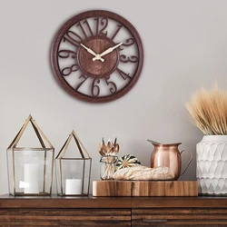 European Style Hollow Imitation Wood Grain Wall Clock Home Circular Creative Minimalist Wall Clock