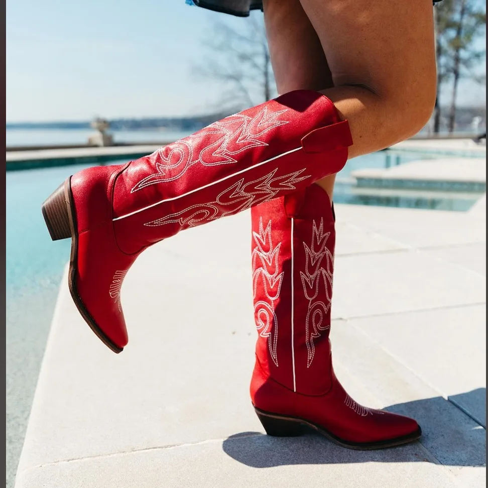 Red Embroidered Western Boots Pointed Thick Heel Medium Women Cowgirl Boots Slip On Women\'s Boots Shoes