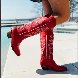 Red Embroidered Western Boots Pointed Thick Heel Medium Women Cowgirl Boots Slip On Women's Boots Shoes