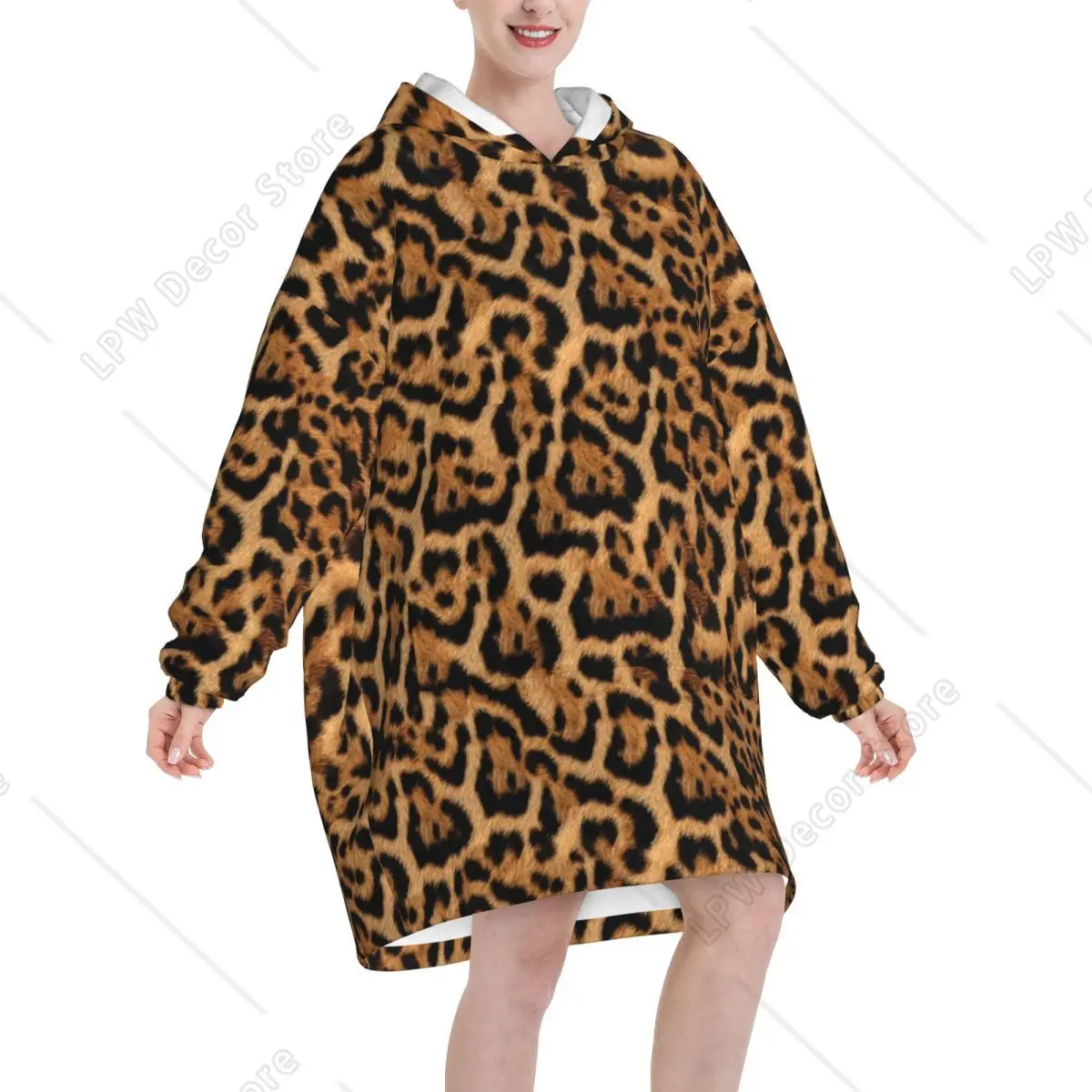 Panthera Jaguar Fur Pattern Wearable Blanket Hoodie for Women Men Leopard Cheetah Skin Texture Sweatshirt Blanket with Pocket