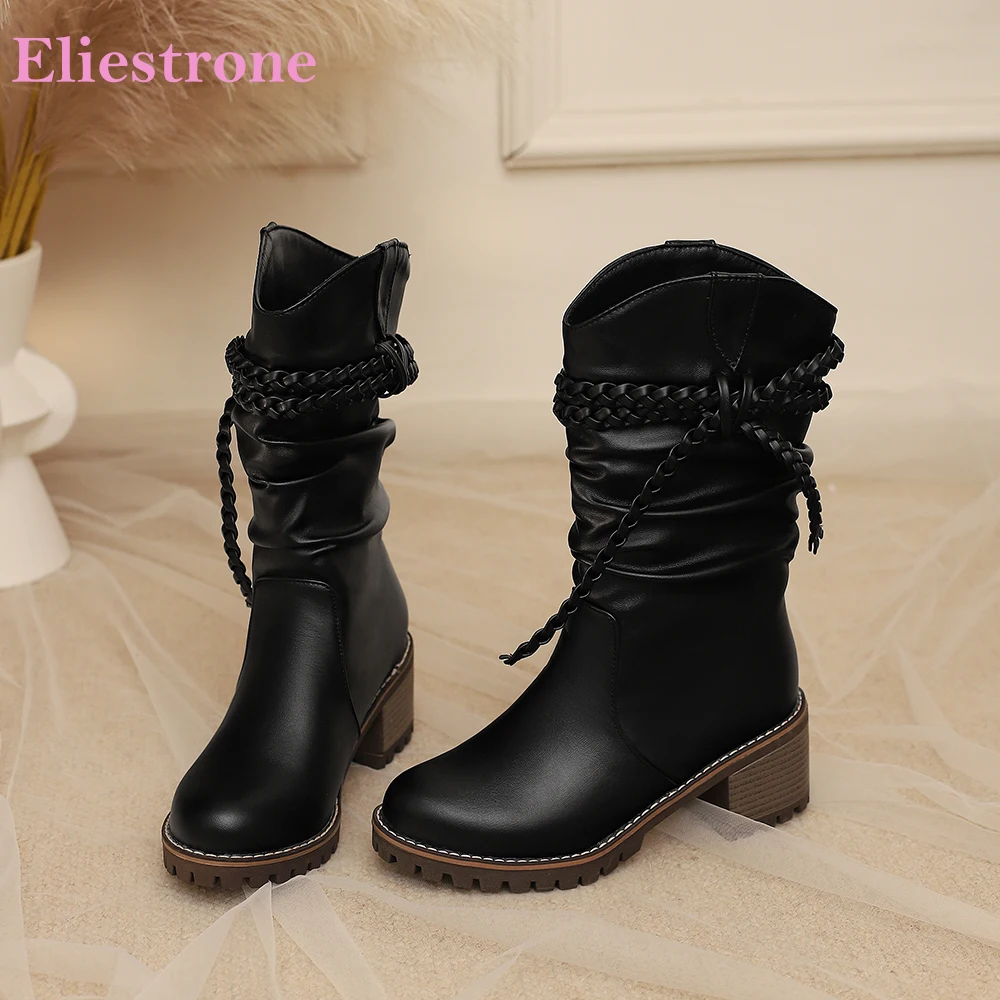 

2025 Winter New Comfortable Black Pink Women Mid Calf Boots Round Toe High Chunky Heels Lady Shoes Plus Big Size 43