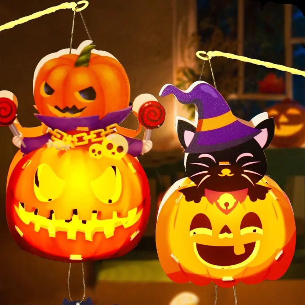 Happy Halloween Day lentera Halloween bahan DIY dengan lampu LED buatan tangan Halloween labu lentera bercahaya