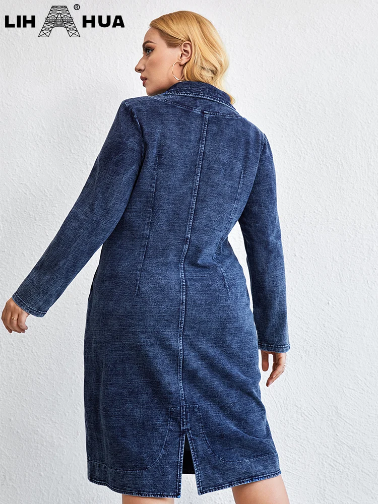 LIH HUA Women\'s Plus Size Denim Dress Autumn Chic Elegant Dresses For Chubby Women Cotton Knitted Lapel Neck Dress