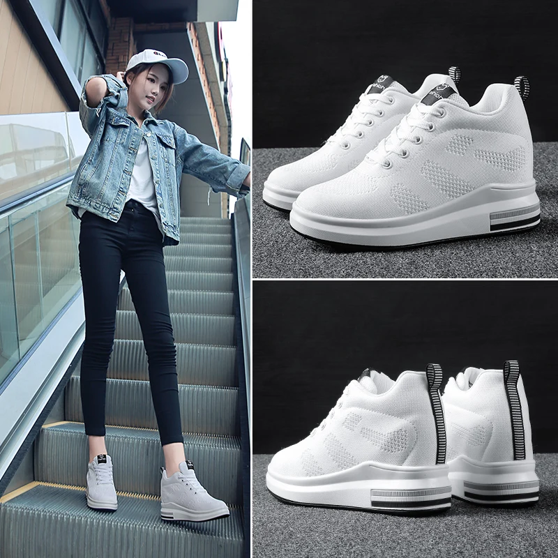 2024 Women Spring Casual Platform Shoes Fashion High Heels Woman Wedges Sneakers Shoes 8.5CM Heigh Increasing Outdoor White Shoe