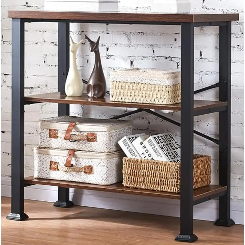 

3-Tier Vintage Industrial Bookshelf Wood Metal Bookcase Storage Stand Rustic Style Tiered Shelf Rectangular Display Organizer