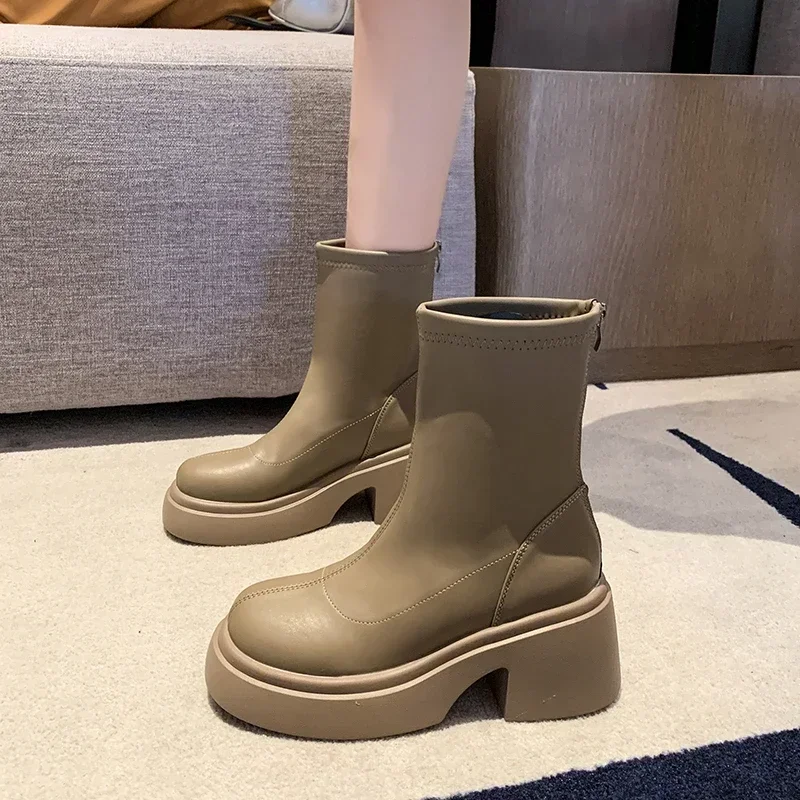 2024 Hot Sale Shoes Female Zipper Autumn British Style Women's Boots Round Toe Rubber Platform Water Proof Fashion Naked Boots