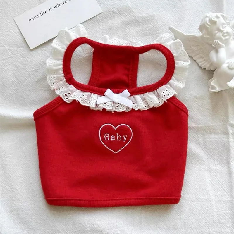 

Red Heart Lace Dog Clothes Letter Embroidered Maltese Sling Summer Cat Teddy Anti-Shedding Vests Dog Products