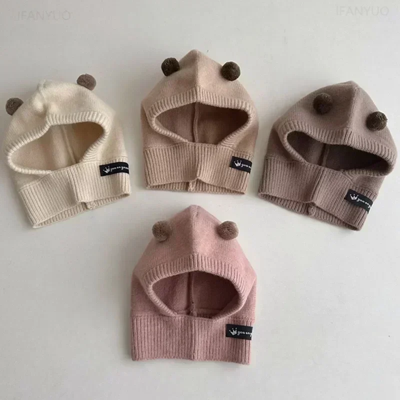 

Baby Scarf Hat One-piece Knitted Cap Warm Cute Double Hairball Children Ear Protection Caps Korean Boys Girls Kid Windproof Hats