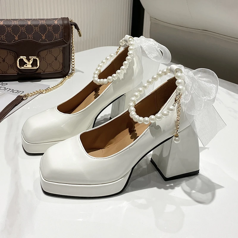 Super High Heel Single Shoes Autumn New Round Toe Shallow Mouth One Strap Platform Bow Non-slip Block Heel Shoes