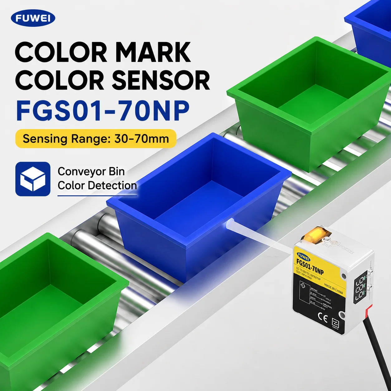 FUWEI FGS01-70NP Remote Color Sensor Photoelectric Induction Switch Electric Eye Detection Distance 50-500mm for Automation