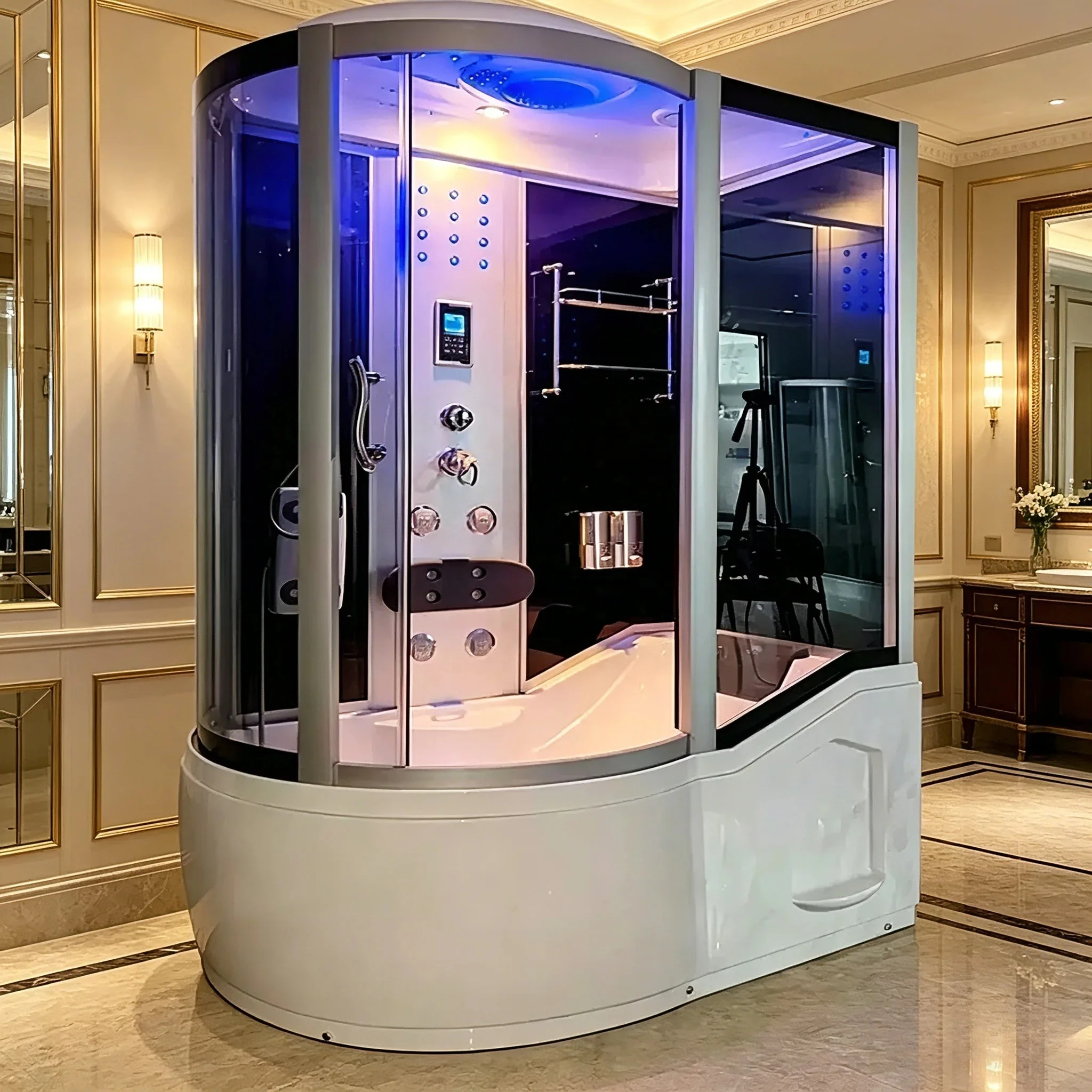 &c Luxury Straight Frameless Massage Tub Shower Steam Tempered Glass Whirlpool Hydro Shower Cabin with Steam Function Foot Mas