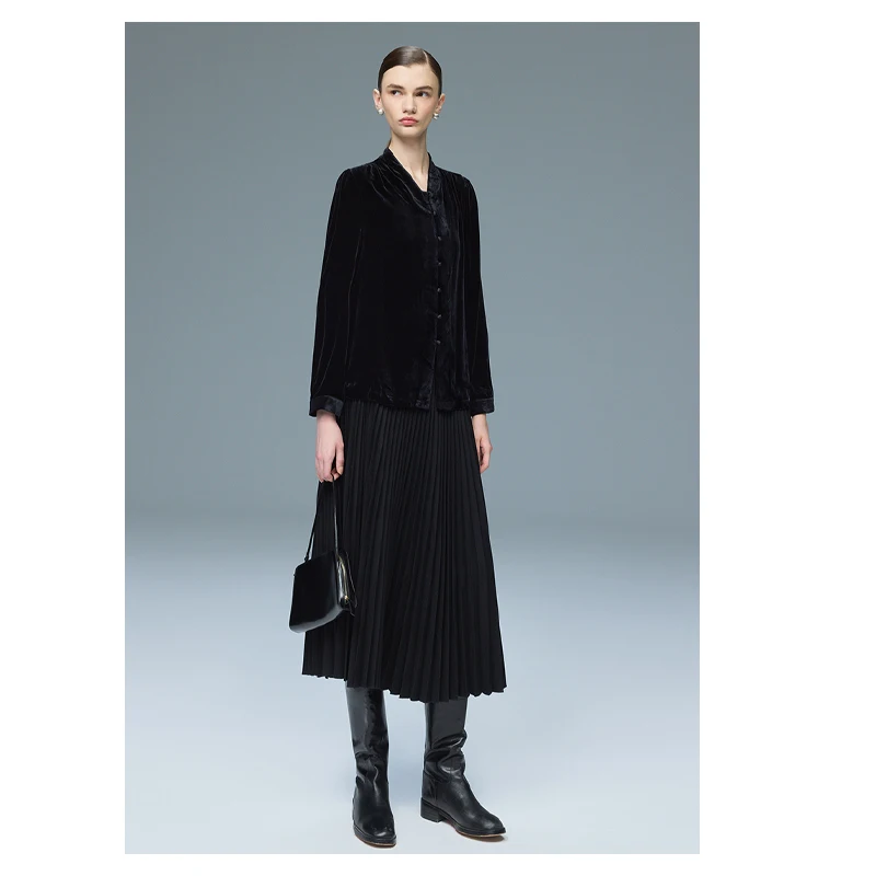 เสื้อเชิ้ตผู้หญิงผ้าไหมกำมะหยี่หรูหรา 100% แขนยาว คอตั้ง สไตล์ฝรั่งเศส สวยสง่า เนื้อผ้านุ่มละมุน อ่อนโยนต่อผิว