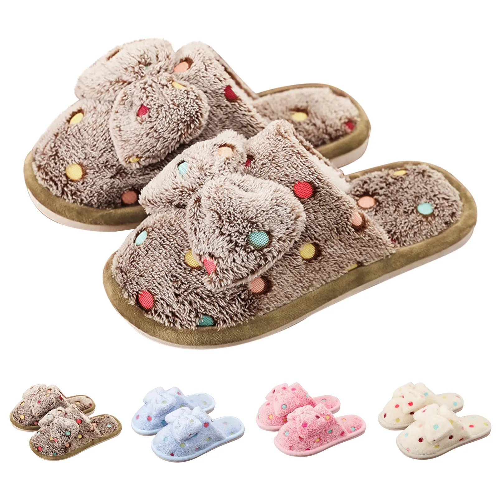 Warm Home Slippers Women'S Cute Autumn Winter Bow Colorful Dot Thick Plush Non-Slip Leisure Shoes Sweet Soft Bedroom Flat Slides