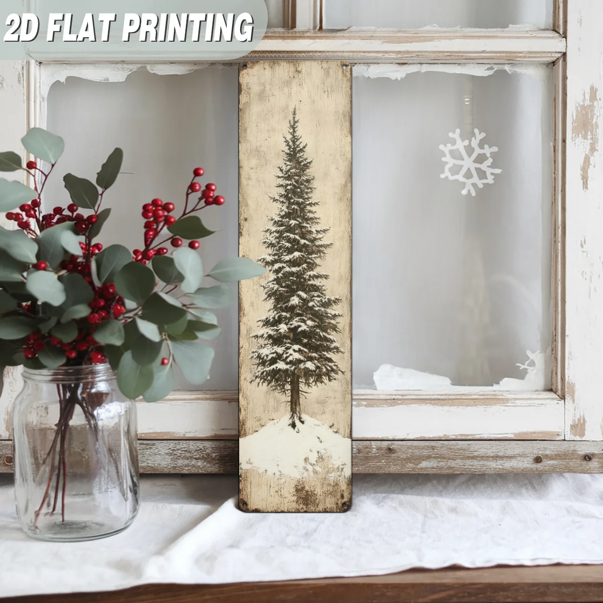 2D Flat, 2D Flat Single-Piece Vintage Evergreen Tree Snow Scene Wooden Sign, Winter Forest Scene Wall Art, Suitable for Home, Li