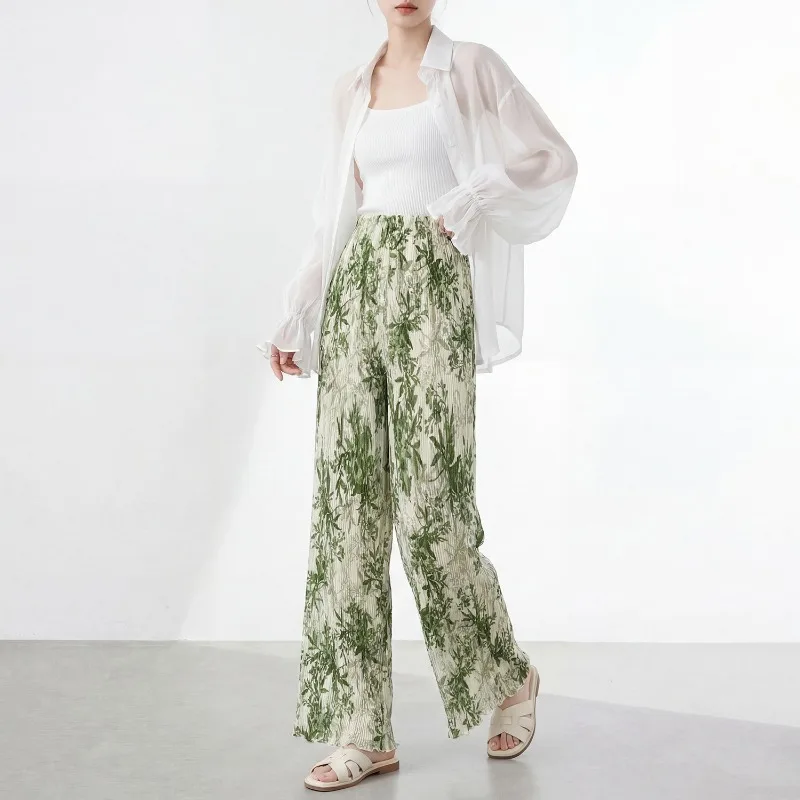 Miyake Pleated 2026 New Summer Printed Textured Wide-Leg Pants for Women High-Waisted Versatile Straight-Leg Casual Pants Pleat