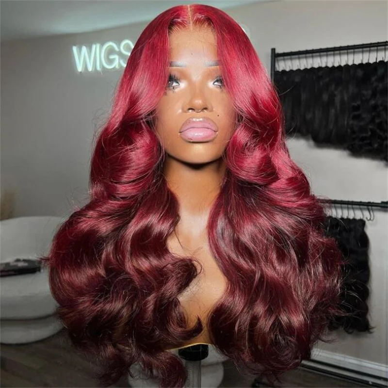 Soft Ombre Burgundy 26”Long 180Density Preplucked Glueless Natural Wave Lace Front Wig For Black Women With BabyHair Daily Wear