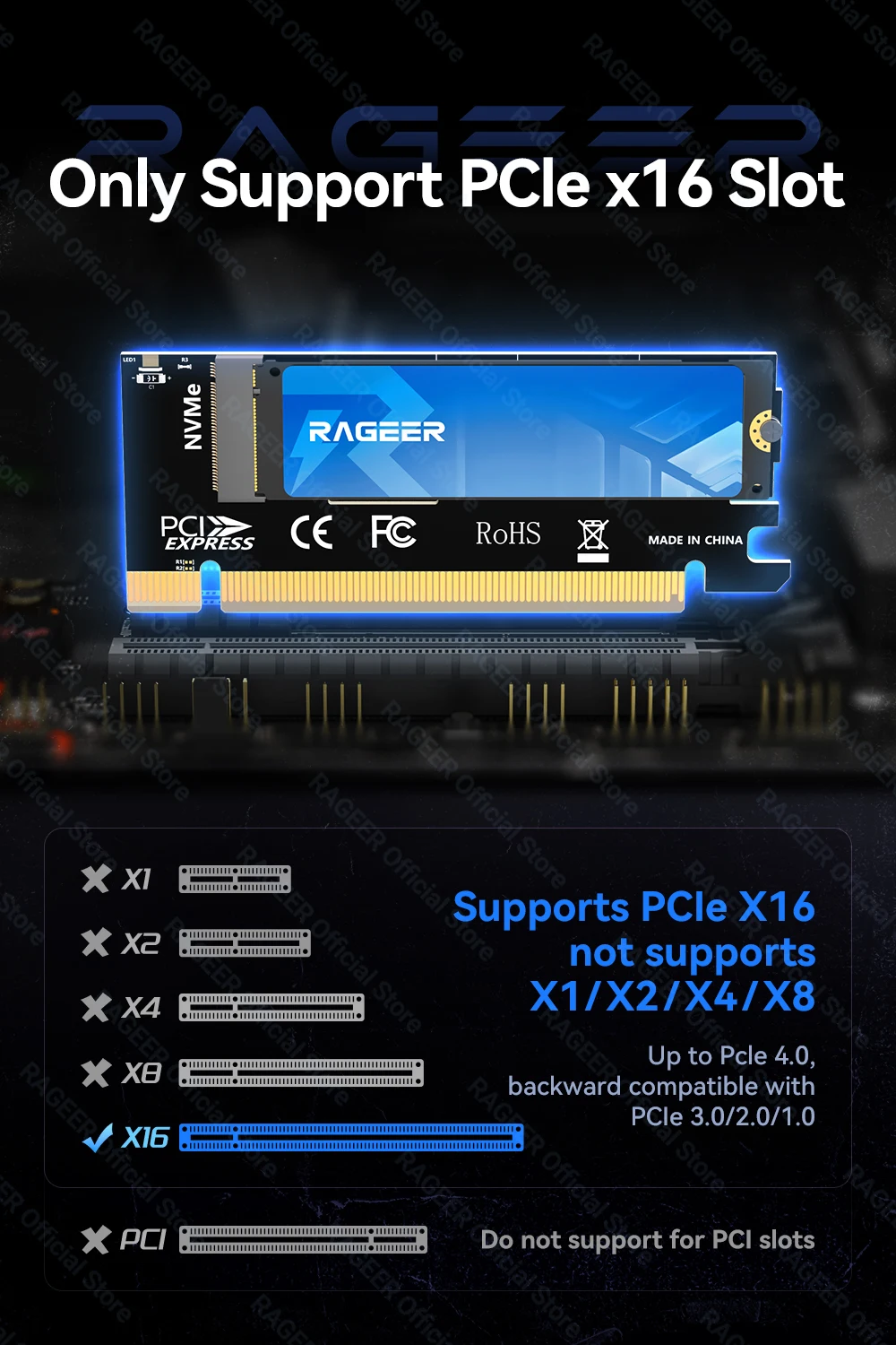 RAGEER M.2 NVMe zu PCIe 4.0 x16 Adapterkarte unterstützt 4 TB SSD und 64 Gbit/s Geschwindigkeit, kompatibel mit 2280/60/42/30 NVMe SSDs – Detail 4