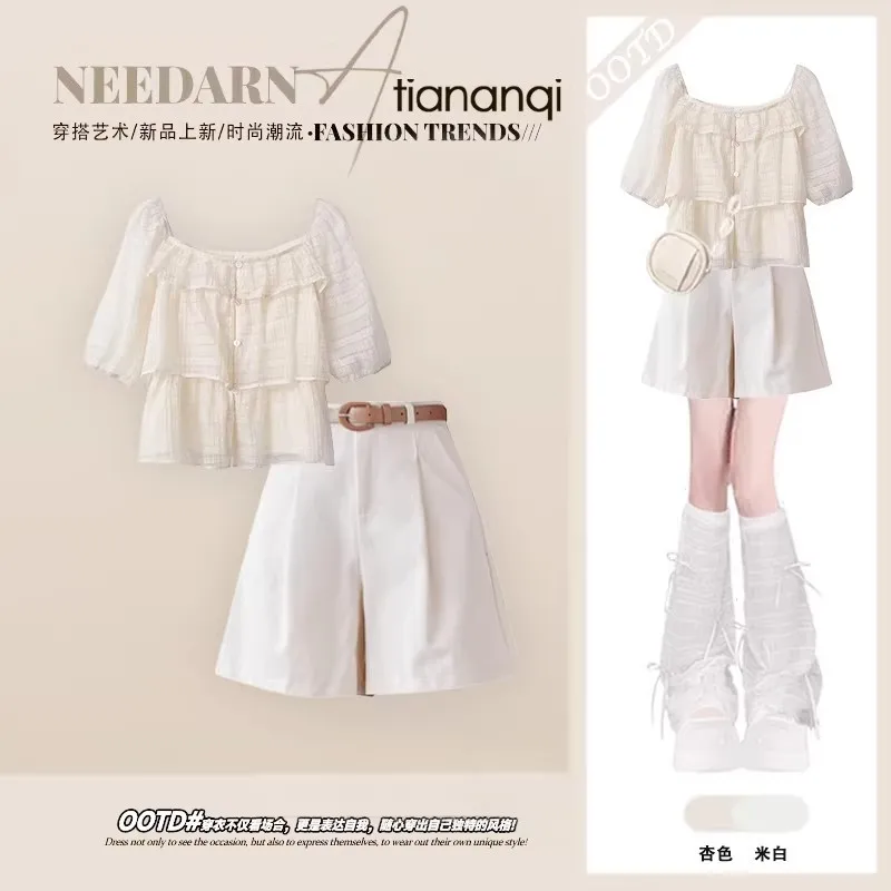 

Women's Set Summer New Korean Version Bubble Sleeve Shirt+sweet Apricot Shorts Two-piece Set