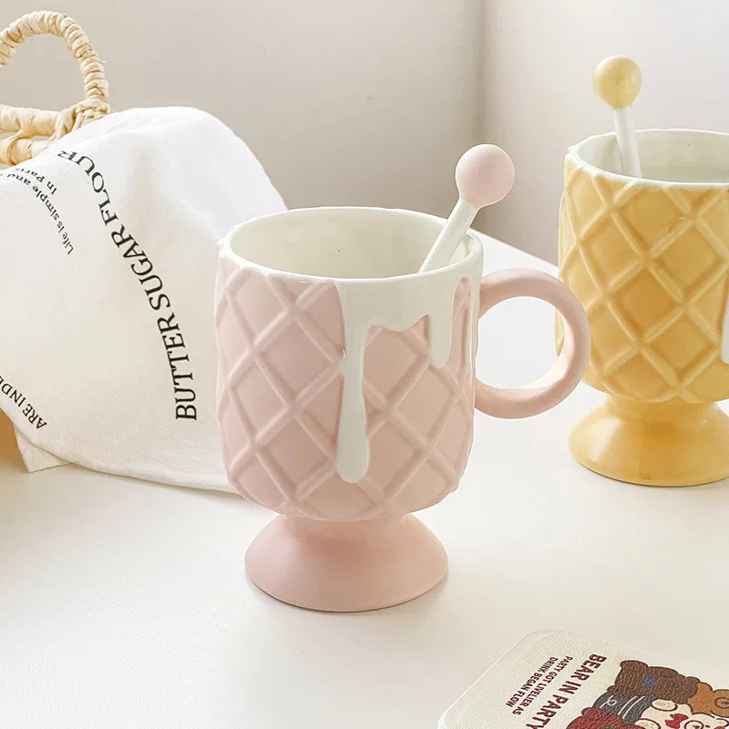 420ml Kawaii Ice Cream Ceramic Coffee Mug With Stirring Spoon Perfect For Birthdays Gifts For Women Warm Home Gift