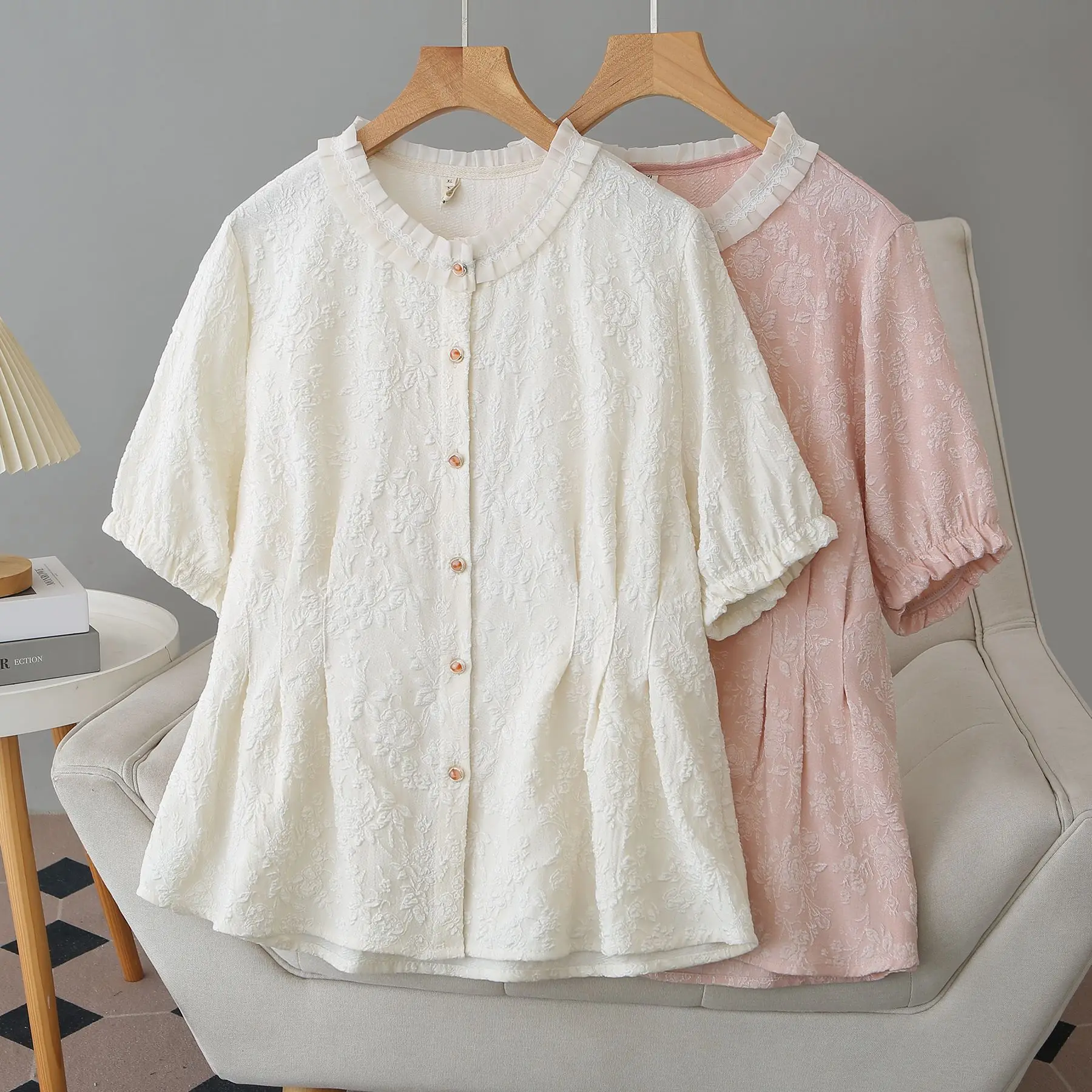 2026 Summer Plus Size Jacquard Cardigan Shirt Short Sleeve Ruffle Waist Slim Fit Tops For Curvy Women #1219 view 5