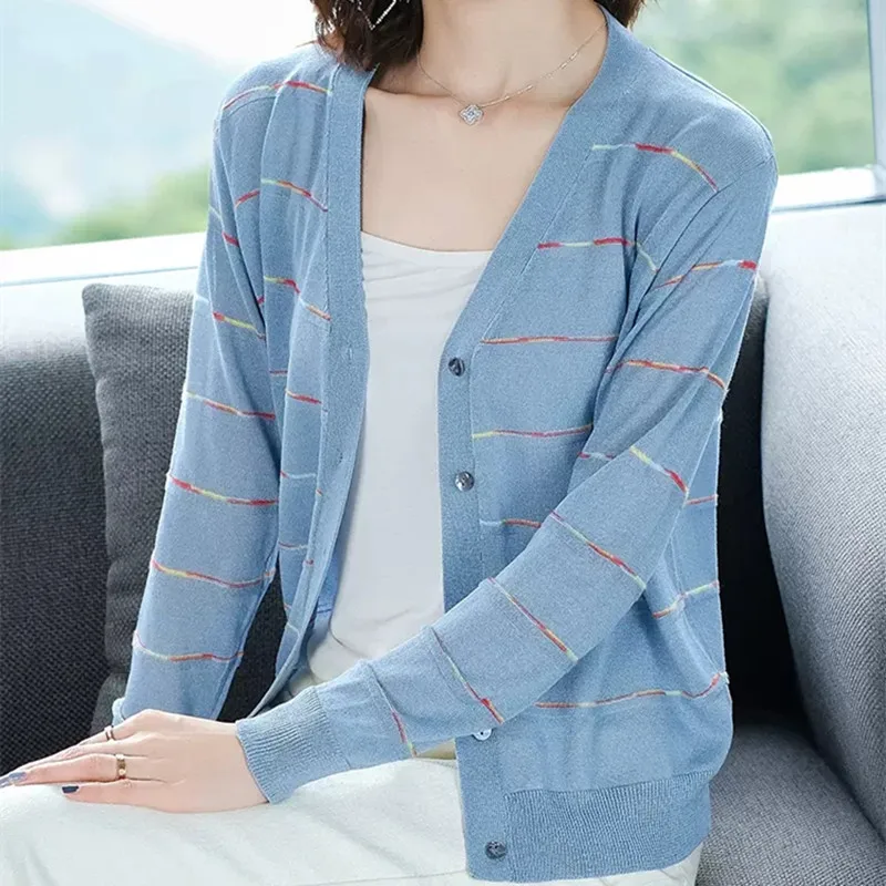 Spring Autumn Sweater Female V-Neck Stripe Knitted Long Sleeve Casual Loose Soft Fashion Women Clothing 2023  Button Cardigan