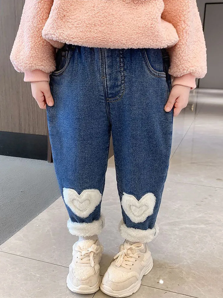 Winter Velvet Lined Girls Jeans Thicken Elastic High Waist Vaqueros Kids Warm Denim Harem Pants Plush Children Jean Pantalones