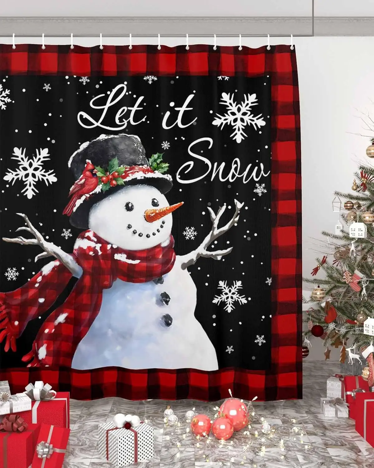 Christmas Shower Curtain Set with,Winter Snowman Snowflake Berry Red Black Grid Washable Cloth Polyester Fabric Shower Curtain