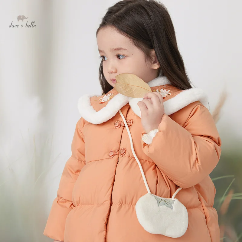 Dave Bella Children Girls Down Jacket 2023 Winter New Fashion Casual Mid Length Coat Padding Outerwear Sweet Cute Warm DB4238300