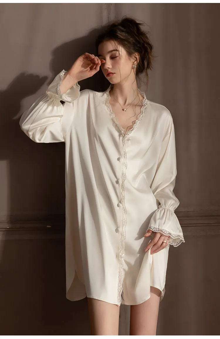 Winsleter-Sexy Long Sleeve Nightgown, V Neck Lace Patchwork, Women French Sweet Bride Loose Pajamas, 2026 Spring New P61740CC