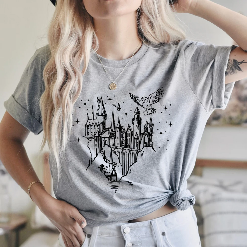 Aesthetic HP Tshirt Summer Men Women Short Sleeved Shirt Harajuku Castle T Shirt Vintage Wizard Shirts Unisex Magical Top
