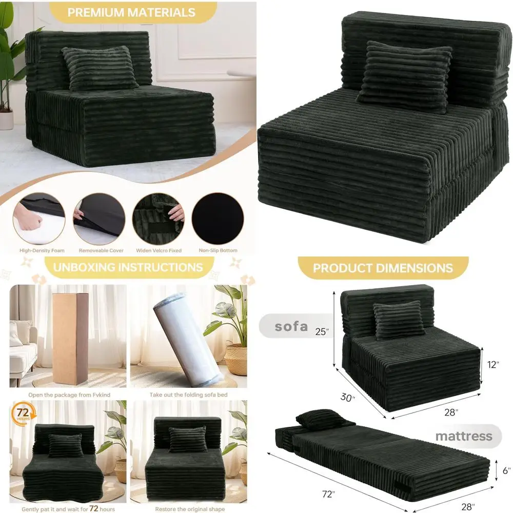 Single Convertible Chair Bed with Pillow, Sleeper Sofa for Comfortable Living Spaces, Bedroom, Dorm, Charcoal Moss Grey