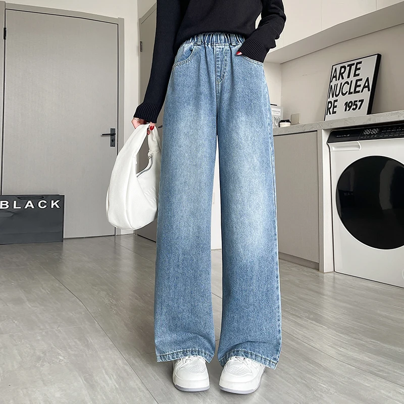 

High Waist Wide Leg Jeans Women's Pure Cotton Denim Loose Fit Straight Long Pants Autumn Winter Casual Sle Floor Length