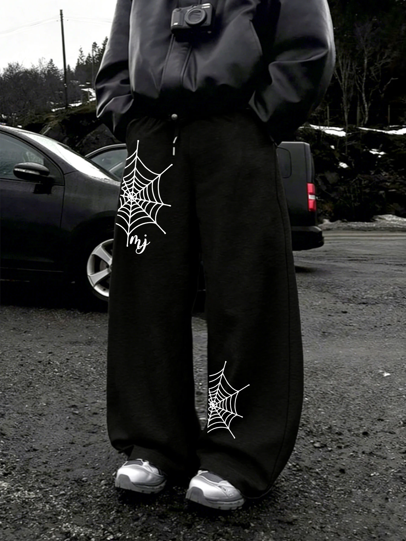 Men Y2K Dark Streetwear Baggy Sweatpants, Asymmetric Large & Small White Spider Web with MJ Cursive Letter Print Drawstring Wide