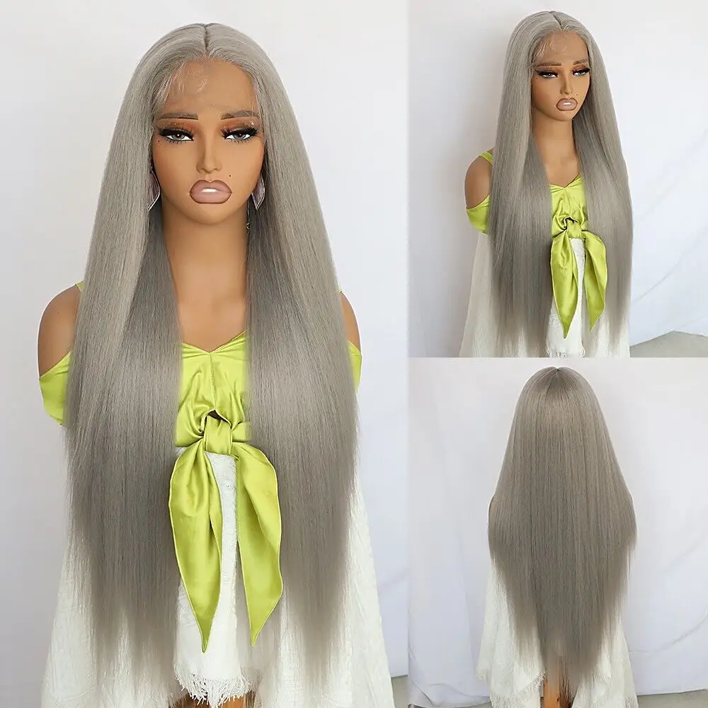 

Synthetic Lace Front Wigs Long Straight Natural Gray Pre Plucked Heat Resistant