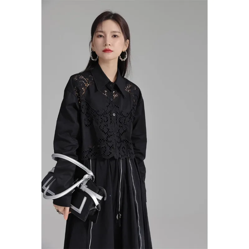 WAKUTA Spring/Summer Design Feeling Hollow Hook Flower Flip Collar Long Sleeved Shirt Minority Cardigan Short and Unique Top