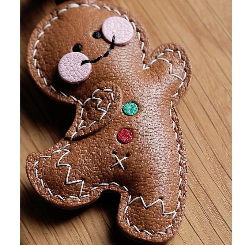 Handmade Leather Gingerbread Man KeyChain Cute Christmas KeyRing Bag Charm Christmas Ornament