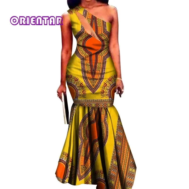 African Wax Print Dresses for Women Bazin Riche Sexy One-Shoulder Long Dress Lady Elegant Party Dress WY496