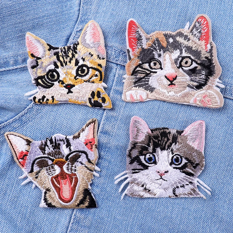 Pocket Cat Embroidery Patch Cute Cartoon Animal Patch Iron On Patches For Clothing Cat Embroidered Patches On Kids Clothes DIY