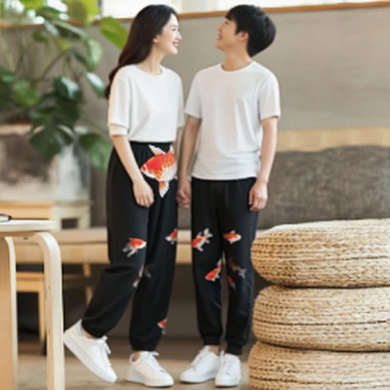 

2025 Summer Men Carp Embroidery Jogger Pants Japanese Style Cotton Linen Harajuku Harem Pants Youth Casual Pants Male Costume