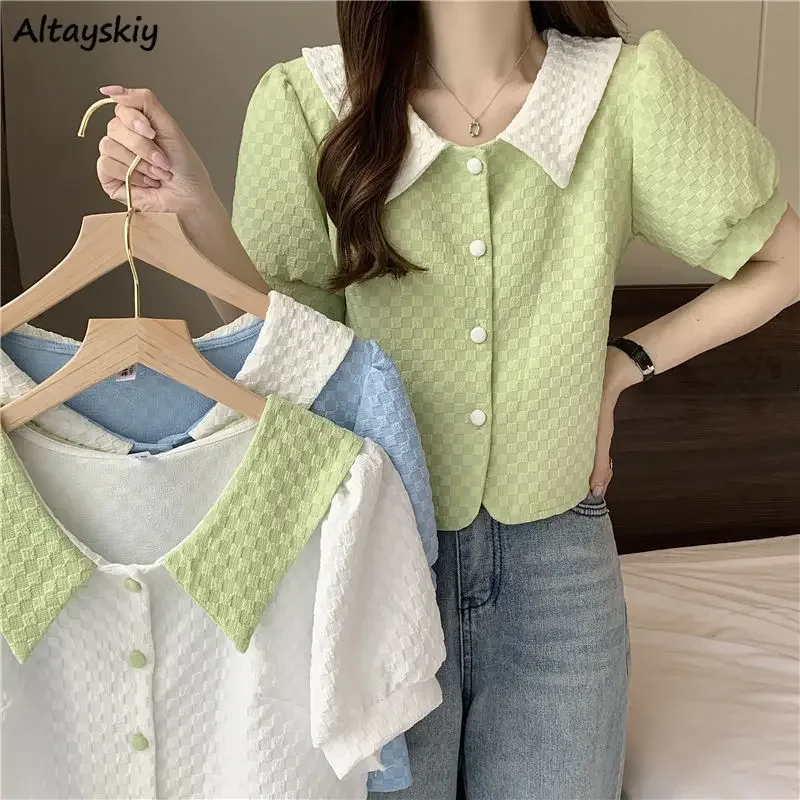 Shirts Women Panelled New Arrival Sweet Casual Fashion Stylish Peter Pan Collar Minority College Puff Sleeve Patchwork Chic Ins