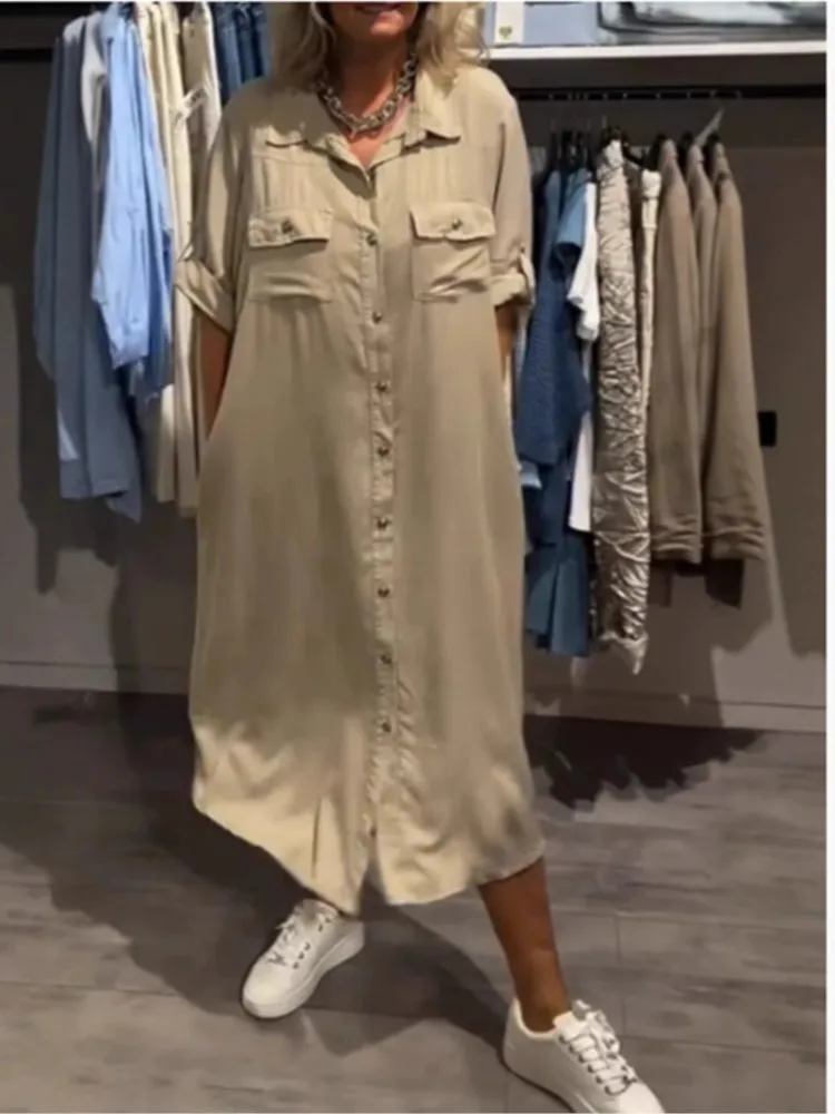 Abito casual in denim femminile Moda colletto rovesciato Tasche Camicia con bottoni Abiti per le donne Ufficio Vacanza Abbigliamento donna Estate