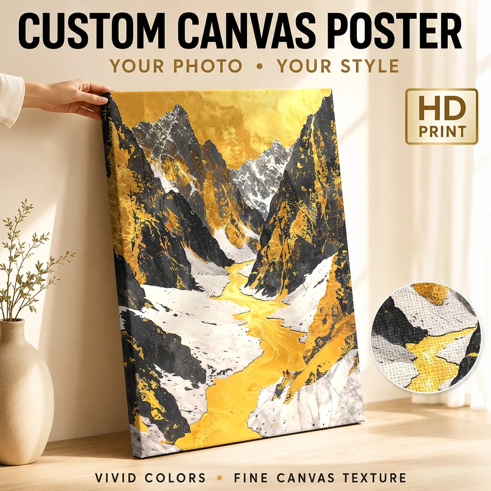 Mountain River of Gold Art Framed Canvas Print Poster Personalized Photo Travel Landscape Wall Paintings Decoration for Office