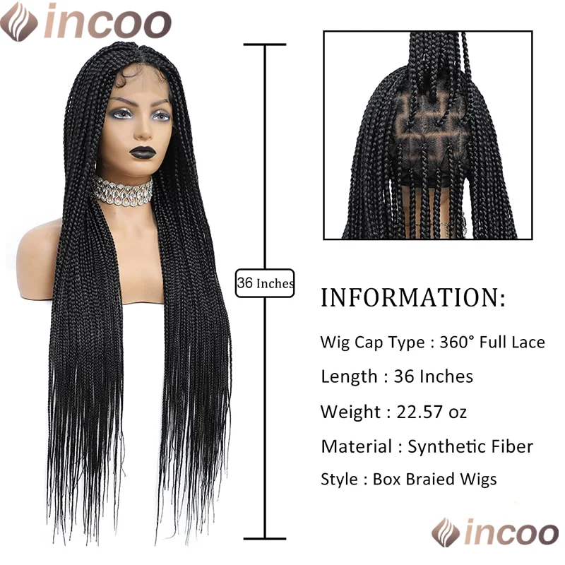 36 Inch Knotless Braided Wigs Synthetic Full Lace Front Cornrow Braids Small Box Square Hair Wigs African Hair