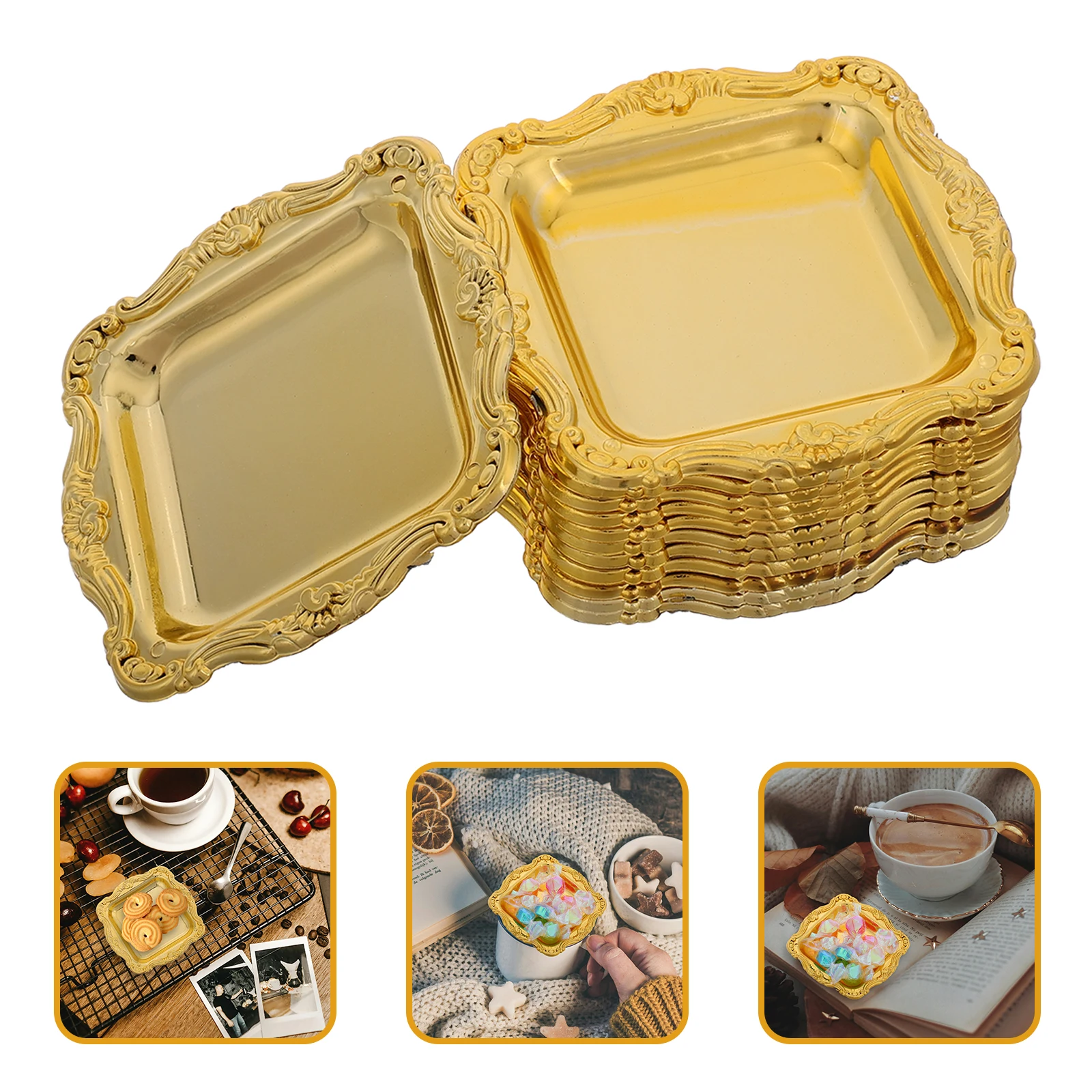 

10 Pcs Cake Pans Dessert Tray Candy Bridal Shower Plate Golden Serving Display Baroque Mini Platter