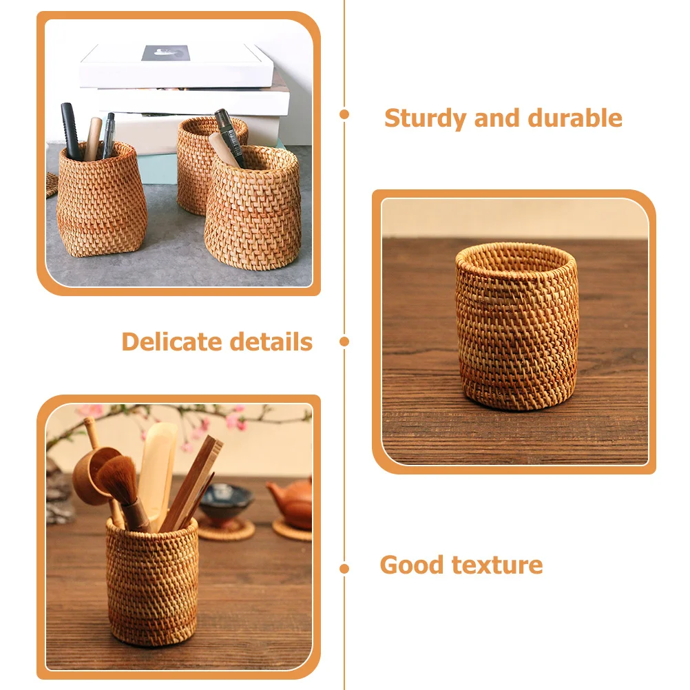 

Round Storage Decor Rattan Pencil Holder for Desk Pen Organizer Makeup Brush Container Countertop Office Supplies