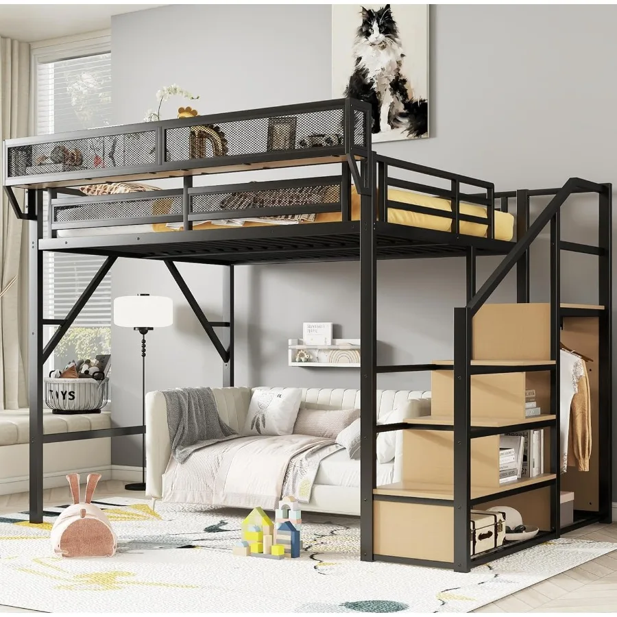 Queen Size Loft Bed with Stairs and Storage Metal Loft Bed Frame with Bedside Shelf and Large UnderBed Space HeavyDuty Bed for