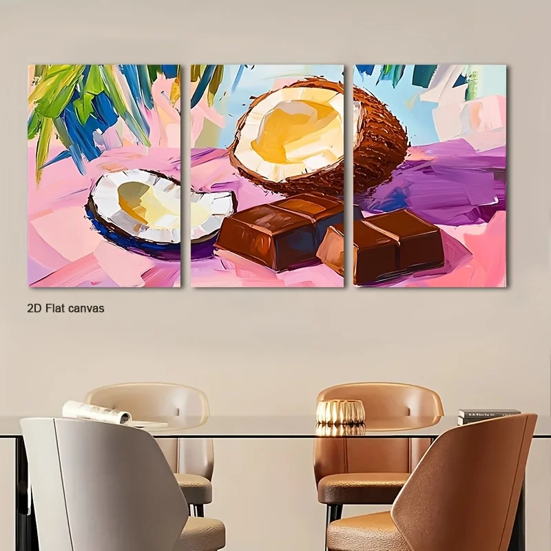 Frameless Canvas 3pcs Coconut & Chocolate Wall Art Framed - Minimalist Abstract Coconut Paintings, Neutral Coconut Theme Art