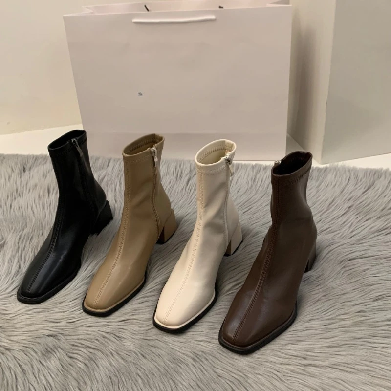 

Fashion Autumn Winter Design Heel Ankle Boot Square Toe Zipper Ladies Casual Chelsea Boots Shoes Soft Leather Short Boot