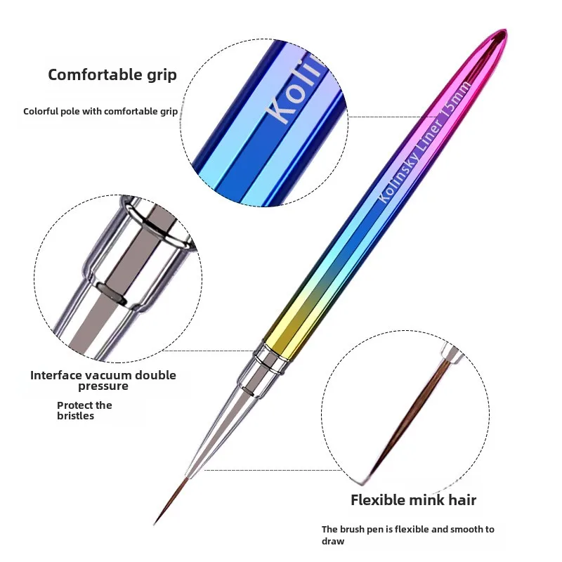 Nail Art Brush Rainbow Metal Long 100% Pure Natural Hair Professional Kolinsky Nails Art Liner Brush Nail Art Pen for Nail Desig